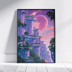 May include: Framed art print showing a futuristic city with tall, cylindrical buildings and green plants. The artwork uses a vibrant palette of purples, pinks, and blues, with a large planet in the background. The print is displayed against a white wall.