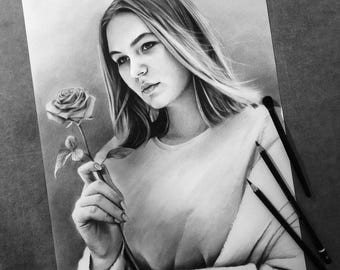 Graphite pencil portrait, drawing portrait from photo, family portrait, unique gift idea for mom, father, wife, husband, children and other