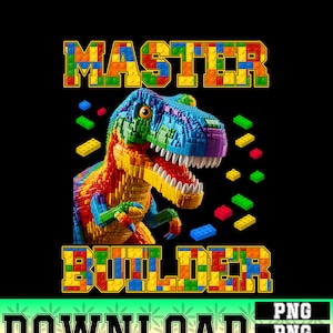 May include: Black background with a colorful dinosaur made of toy blocks. The text "MASTER BUILDER" is above and below the dinosaur, also made of toy blocks. Scattered toy blocks in various colors are around the dinosaur.