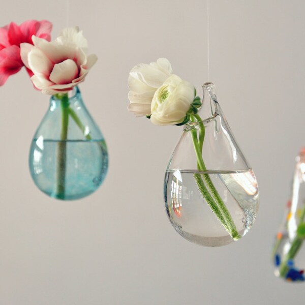 Hanging Air Plant Vase,  Hand Blown Glass Vase,  Transparent Pale Blue,  Flower Vase,  Wall Decor