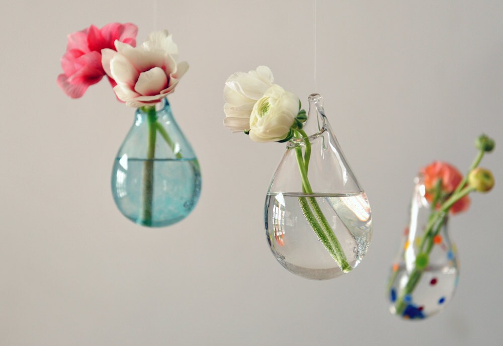 Vase Suspendu Air Plant, Vase en Verre Soufflé à La Main, Bleu Pâle Transparent, Fleurs, Décor Mural