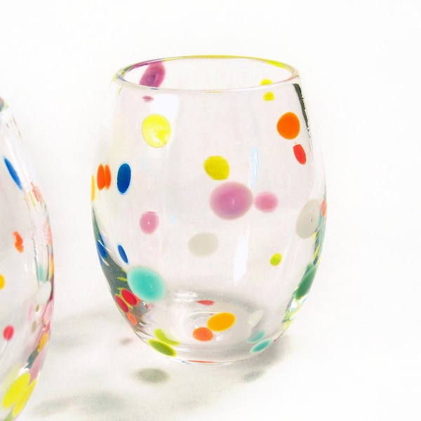Hand Blown Glass Tumbler Set - Po' Dot Series - Retro Bright Polka Dot Design - Entertaining Party Fun Whimsical