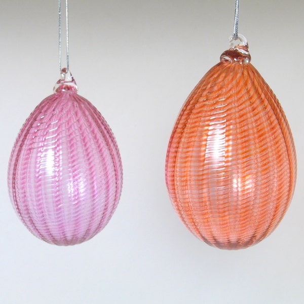 Hand Blown Glass Ornament Egg, Spring Decor, Christmas Glass Ball Suncatcher, Pale Transparent Apricot