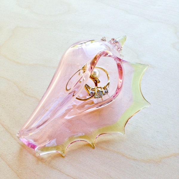 Ring Holder Dish, Engagement Gift, Hand Blown Glass Seashell, Sea Shell, PINK with Sublime