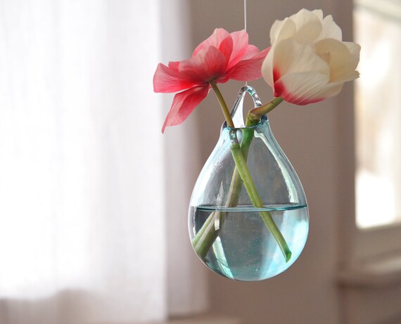 Glass Hanging Vase / Hand Blown Glass Art / Transparent Pale Blue Flower Vase / Wall Decor / Wall Art