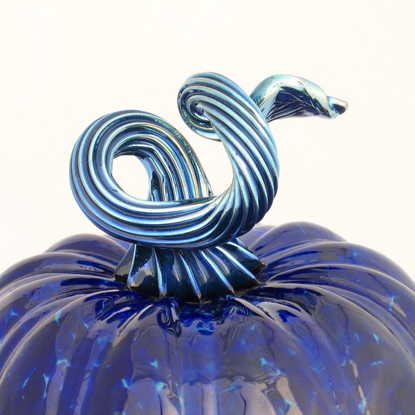 Hand Blown Glass Pumpkin - Cobalt Blue with Iridescent Midnight Blue Stem - table centerpiece - gifts for her luxury