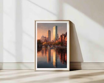 Boston Skyline Watercolor Painting | Mid-Century Modern Massachusetts | Travel Poster | Digital Download