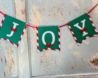 Guirnalda navideña "JOY" hecha a mano: guirnalda festiva roja y verde con cinta, decoración navideña