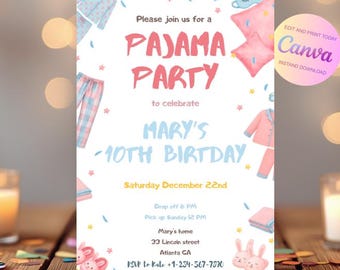 Slumber Party Invitation Template, Editable Pajama Birthday Invite (Digital)