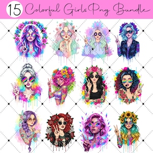 Colorful Girls PNG Bundle | Boho Aesthetic Women Clipart | Vaporwave Sublimation Graphics | Rainbow Drip Art