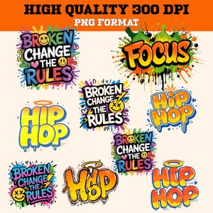 Hip Hop Graffiti PNG Set | Streetwear T-Shirt Designs | Urban Typography Stickers | Colorful Spray Paint Style | Instant Download