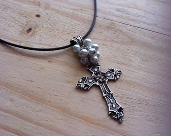 Ornate Silver Christian Cross with Pearl Cluster Necklace