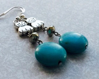 Silver Cat Earrings with Turquoise Magnesite Coin Beads Sterling Silver Hooks