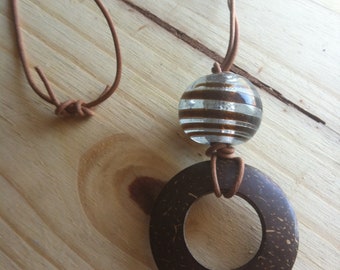 Chocolate Swirl Lampwork Glass & Coco Wood on Leather Nursing Necklace