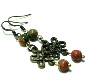 Unakite and Celtic Knot Brass Earrings "Together Forever"