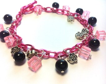 Rebel Rose Hot Pink & Black Beaded Bracelet