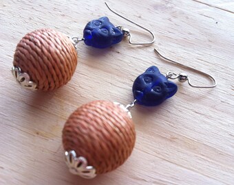 Grumpy Kitty Cobalt Glass Earrings