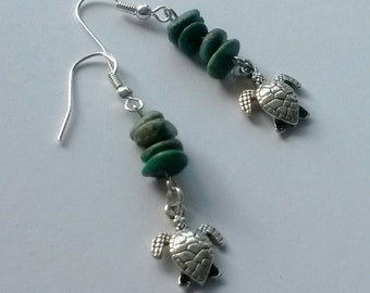 Turquoise & Silver Turtle Earrings with Sterling Silver Hooks