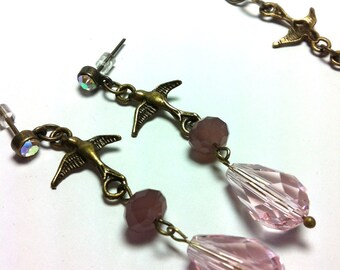 Swallowtail in Flight Rose Crystal Brass Post Earrings