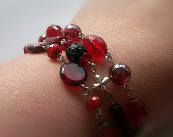 Victorian Crimson Czech Glass Beaded Triple Strand Bracelet