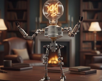 Industrielle Roboter Neonlampe - Handgefertigte Edelstahl USB Schreibtischleuchte, Spielzimmer & Studio Dekor