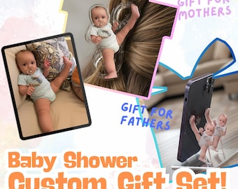 Custom Baby Photo Gift Set for New Parents Personalized Phone Stand for Dad and Hair Clip for Mom Unique Baby Shower Keepsake Gift Idea