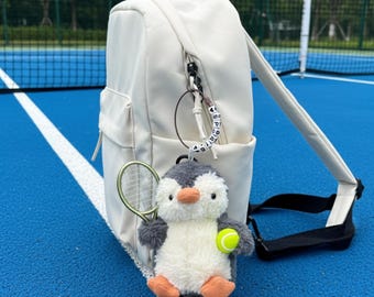 Tennis Penguin Bag Charm Plush Racket Keychain with Custom Name Beads Cute Sports Accessory for Tennis Player Coach Backpack Gift Idea