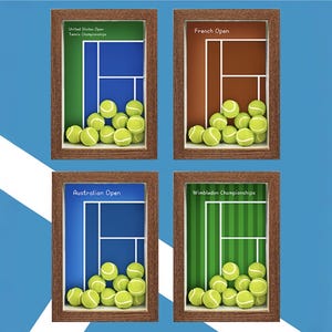 Puede incluir: Cuatro obras de arte enmarcadas sobre tenis. Cada una presenta un diseño de cancha de tenis con una pila de pelotas de tenis. Los marcos son marrones. El marco superior izquierdo dice "United States Open Tennis Championships". El marco superior derecho dice "French Open". El marco inferior izquierdo dice "Australian Open". El marco inferior derecho dice "Wimbledon Championships".