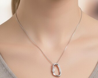 Carabiner Necklace 925 Sterling Silver Rock Climbing Pendant Outdoor Adventure Jewelry Minimalist Unisex Chain Necklace Gift