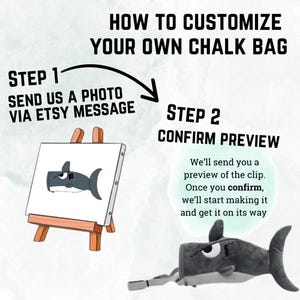Peut inclure: Guide &eacute;tape par &eacute;tape pour personnaliser un sac &agrave; magn&eacute;sie. L'image montre un sac &agrave; magn&eacute;sie sur le th&egrave;me du requin et les instructions : envoyer une photo via Etsy message, puis confirmer l'aper&ccedil;u. Le texte dit : "Comment personnaliser votre propre sac &agrave; magn&eacute;sie."