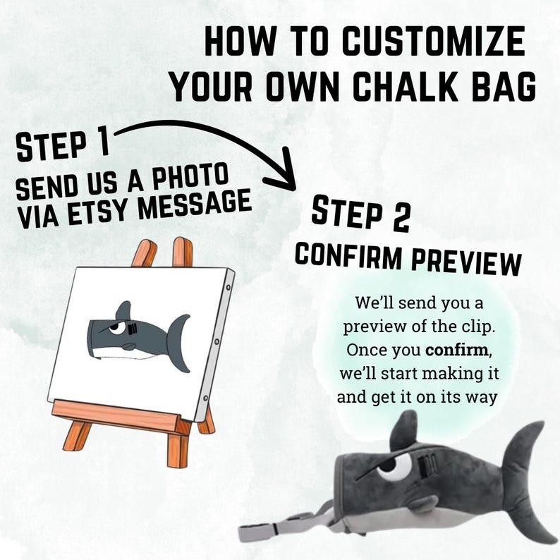 Peut inclure: Guide &eacute;tape par &eacute;tape pour personnaliser un sac &agrave; magn&eacute;sie. L'image montre un sac &agrave; magn&eacute;sie sur le th&egrave;me du requin et les instructions : envoyer une photo via Etsy message, puis confirmer l'aper&ccedil;u. Le texte dit : "Comment personnaliser votre propre sac &agrave; magn&eacute;sie."