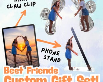 Best Friends Custom Photo Gift Set Personalized Acrylic Phone Stand and Hair Clip Keepsake | Unique Friendship Gift for Bestie Birthday