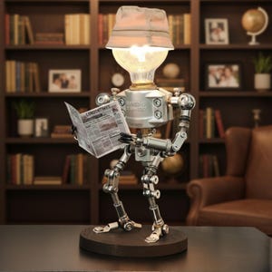 Puede incluir: Una lámpara robot única con una cabeza de bombilla y un sombrero de pescador beige. El robot de metal está leyendo un periódico con el titular "LONDONTIMES". La lámpara está sobre una base de madera oscura, ideal para un escritorio o estante.