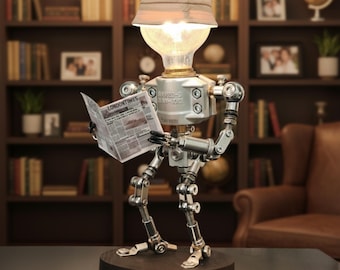 Robot Table Lamp Industrial Steampunk Desk Light Handmade Metal Robot Lamp Cyberpunk Decor Gamer Room Lighting Unique Gift for Boys