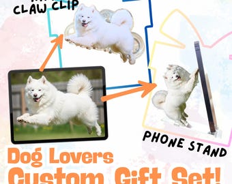 Custom Dog Photo Gift Set Personalized Acrylic Phone Stand and Hair Clip Keepsake | Pet Memorial Gift for Dog Mom Dad Lovers Cat Dad Mom