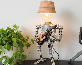 Handmade Robot Decor Table Lamp Industrial Retro Figurine Desk Light Creative Gift for Boys Office Bedroom Night Lamp Cyberpunk Home Decor