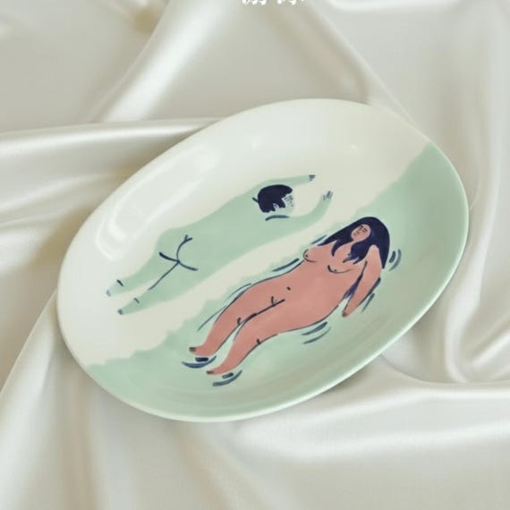 Hand Painted Ceramic Swimming Plate Oval Fruit Dish Under Glaze Art Dinnerware Creative Birthday Gift Unique Home Decor