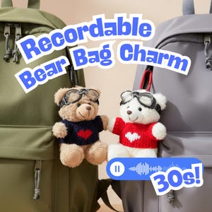 May include: Two teddy bear bag charms, one brown and one white, wearing goggles and sweaters with hearts. The image includes the text "Recordable Bear Bag Charm" and "30s!" on a blue background.