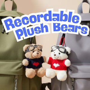 Könnte beinhalten: Zwei Plüschbären mit Brillen und Pullovern mit Herzmotiven. Einer ist braun mit einem marineblauen Pullover, der andere ist weiß mit einem roten Pullover. Der Text "Recordable Plush Bears" ist zu sehen. Die Bären hängen an Rucksäcken.