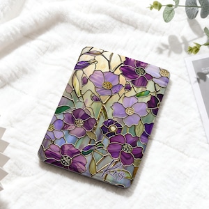 ステンドグラス パープルフラワー 取り外し可能な Kindle ケース、Kindle 2024 Colorsoft、Paperwhite 11th 6.8インチ 12th 7インチ ケース、Kobo ケース Oasis、クリアバック
