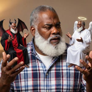 Può includere: Un uomo con barba grigia e camicia a quadri è affiancato da figure in miniatura di un diavolo e un angelo. La figura del diavolo indossa una veste nera con dettagli rossi e corna. La figura dell'angelo indossa vesti bianche e ha un'aureola.