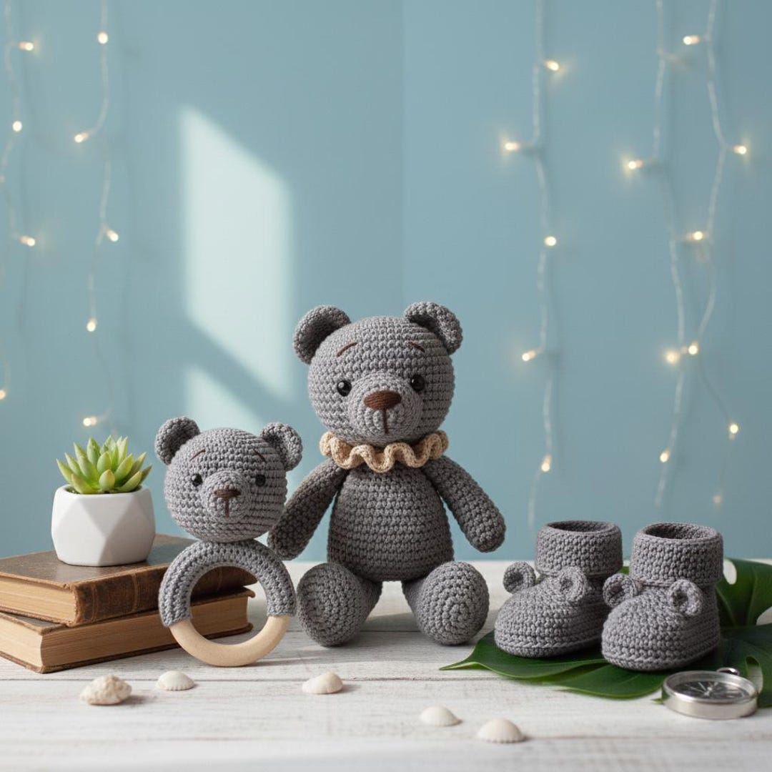 Crochet Baby Gift Set – Handmade Gray Bear, Rattle & Booties - Etsy