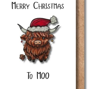 Weihnachtskarte "Merry Christmas to MOO", Highland Kuh, 300g Recyclingpapier mit Umschlag weiß/ braun, DIN A6, nachhaltig, Versandkostenfrei