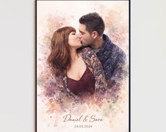 Gepersonaliseerd aquarelportret van foto, aandenken jubileum bruiloft, portret stel met huisdier, cadeau voor koppels, hoe gelukkig zijn we