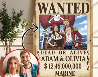 Aangepaste gezocht poster-gepersonaliseerd piratenportret van foto-paar verjaardagscadeau-digitale premie kunst-bountyposter van foto