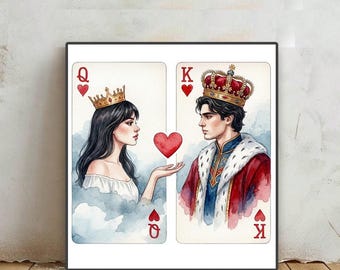 Aangepaste koning of koningin, aquarel speelkaart, gepersonaliseerd jubileumcadeau voor vriend, portret fotolijst stel, digitale download