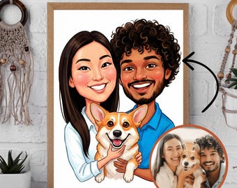 Aangepaste karikatuurportret van foto, grappige cartoon met groot hoofd, leuk stel valentijnscadeau, digitale verjaardag illustratie, cadeau voor hem