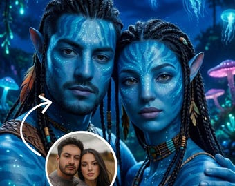 Aangepast stel portret in avatarstijl – Fantasy Alien Love Art, romantisch op Na'vi geïnspireerd digitaal kunstwerk, gepersonaliseerd cadeau