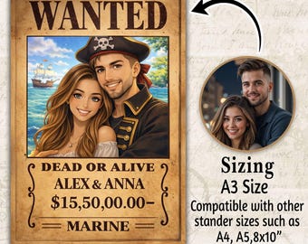 Aangepaste anime-gezocht-poster, gepersonaliseerd piratenportret van foto, verjaardagscadeau paar, digitale premiekunst, grappig cadeau voor hem