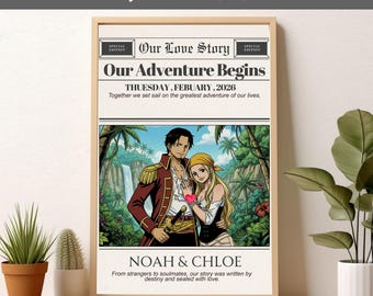 Aangepaste krantenprint, gepersonaliseerde anime Wanted-poster, Pirate Bounty Couple-kunst aan de muur, Wanted-stijl animeportret, digitale download